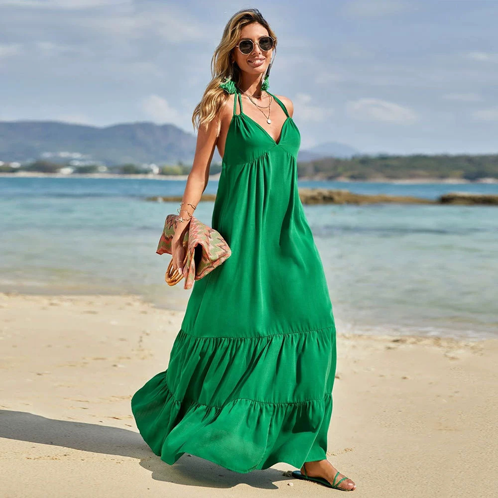 ZARA Sexy Backless Spaghetti Strap Long Flared Beach Dress